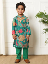 Green Kurta Set with Lotus Flowers Boy